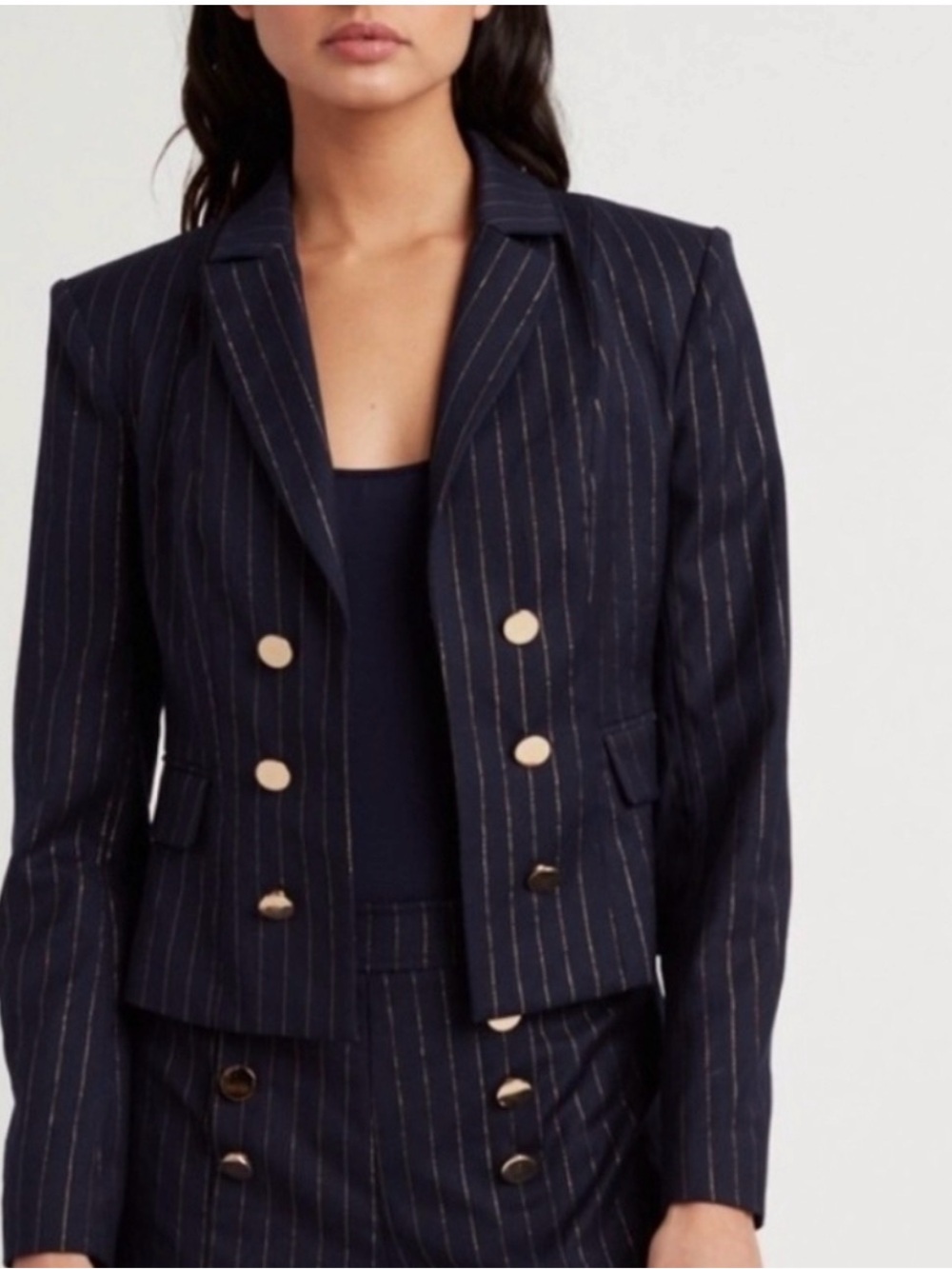 Choosy Tailored Navy and Gold Pinstripe Double-Breasted Blazer